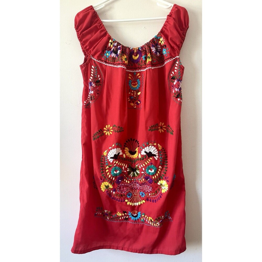 Vintage Mexican Embroidered Red Tunic Dress Folk Art Floral Boho Peasant Oaxaca